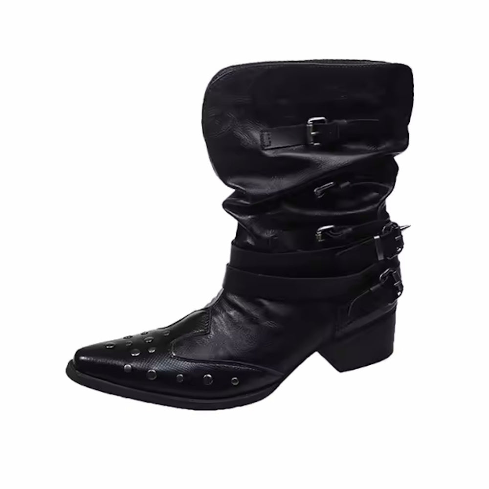 Women's Studded V-Cut Western Pointed Toe High Heel Cowgirl Boots - CB053