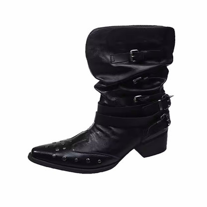 Women's Studded V-Cut Western Pointed Toe High Heel Cowgirl Boots - CB053