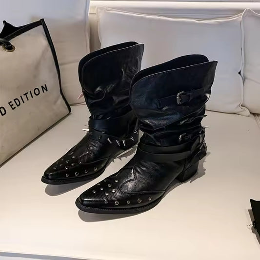 Women's Studded V-Cut Western Pointed Toe High Heel Cowgirl Boots - CB053