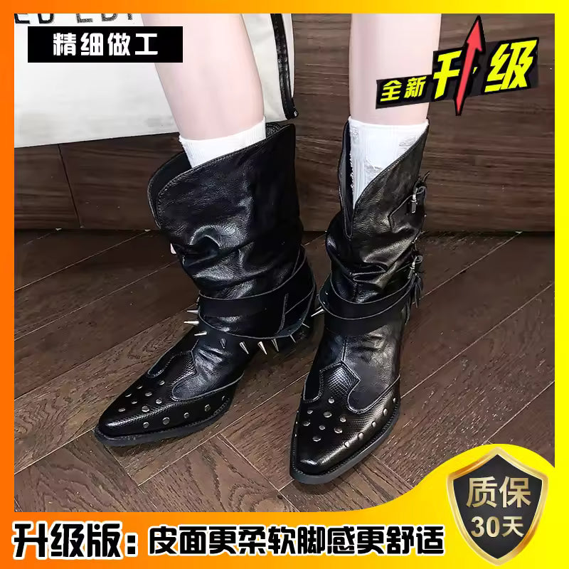 Women's Studded V-Cut Western Pointed Toe High Heel Cowgirl Boots - CB053