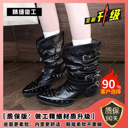 Women's Studded V-Cut Western Pointed Toe High Heel Cowgirl Boots - CB053