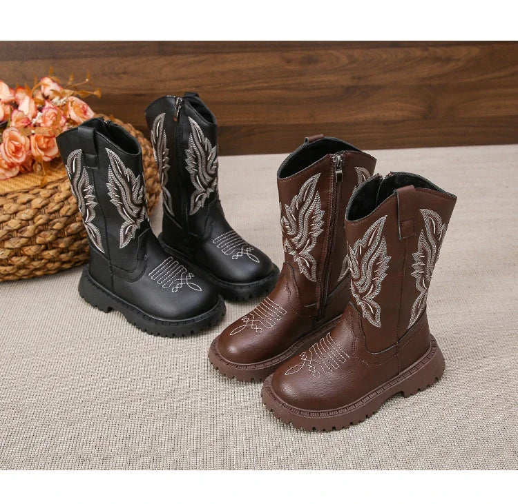 Girls' Leather Western Embroidered Knee-High Round Toe Cowgirl Boots - CB072