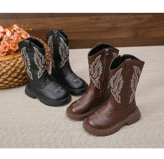 Children Leather Boots Classic Cowboy Embroidery Girls Long Booties Kids Winter Round Toe Soft Snow Shoes Fashion Snow Boots - CB072