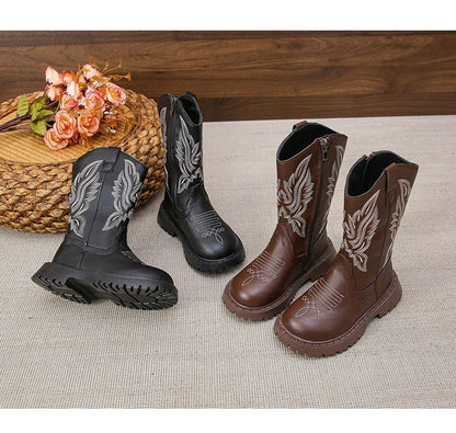 Girls' Leather Western Embroidered Knee-High Round Toe Cowgirl Boots - CB072