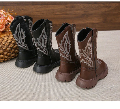 Girls' Leather Western Embroidered Knee-High Round Toe Cowgirl Boots - CB072