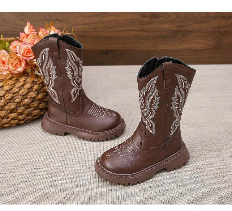 Girls' Leather Western Embroidered Knee-High Round Toe Cowgirl Boots - CB072