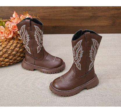 Girls' Leather Western Embroidered Knee-High Round Toe Cowgirl Boots - CB072