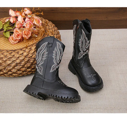Girls' Leather Western Embroidered Knee-High Round Toe Cowgirl Boots - CB072