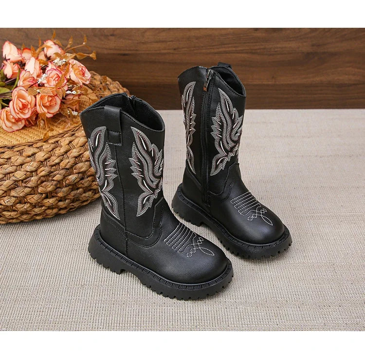 Girls' Leather Western Embroidered Knee-High Round Toe Cowgirl Boots - CB072