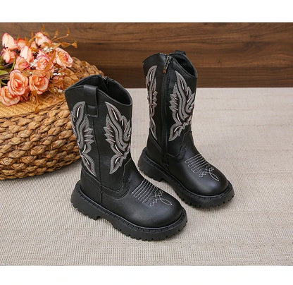 Girls' Leather Western Embroidered Knee-High Round Toe Cowgirl Boots - CB072