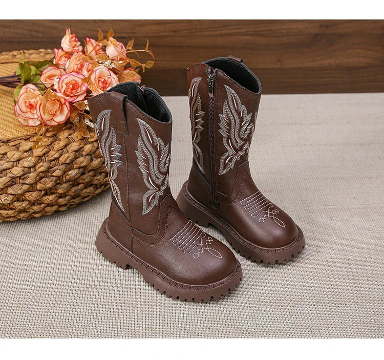 Girls' Leather Western Embroidered Knee-High Round Toe Cowgirl Boots - CB072