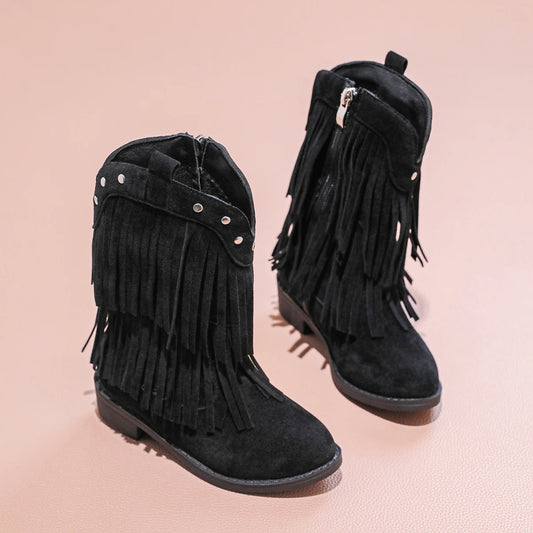 Children's Fashion Black Fringe Cowboy Boots - Suede Mid - Calf Boot with Studs and Side Zip for Girls Winter Shoe for Girl Kids - CB076