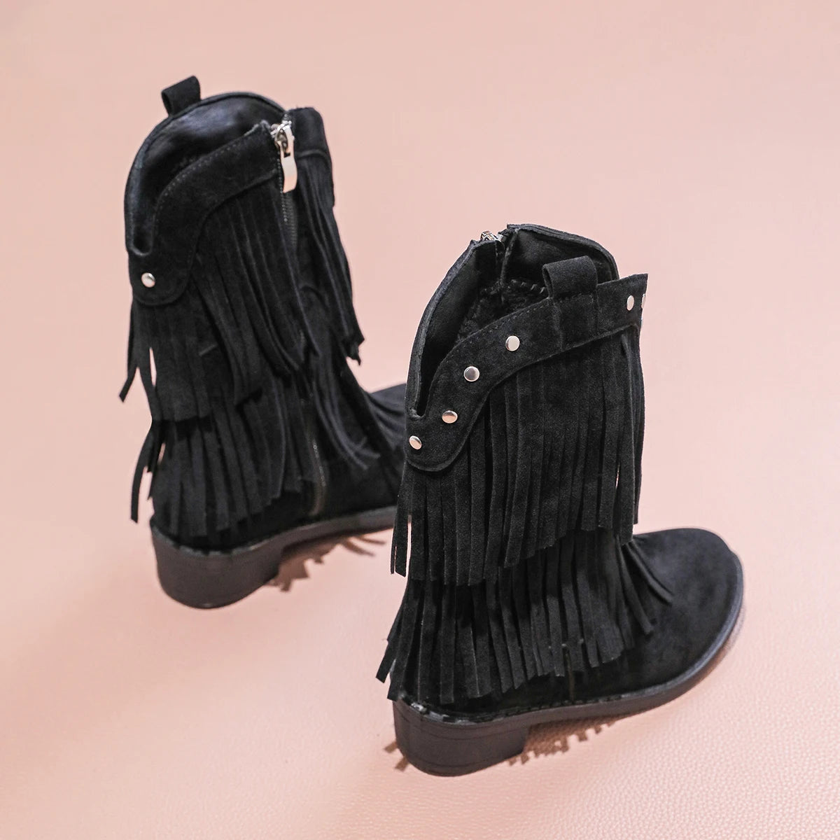 Girls' Suede-Look Fringe Studded Side-Zip Mid-Calf Pointed Toe Cowgirl Boots - CB076