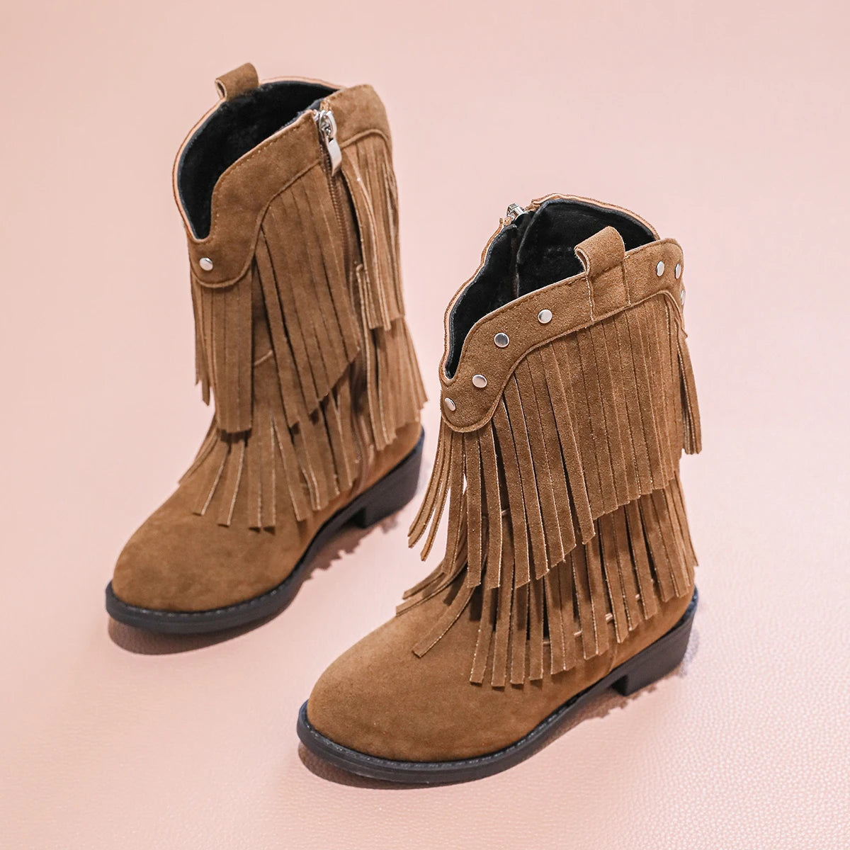 Girls' Suede-Look Fringe Studded Side-Zip Mid-Calf Pointed Toe Cowgirl Boots - CB076