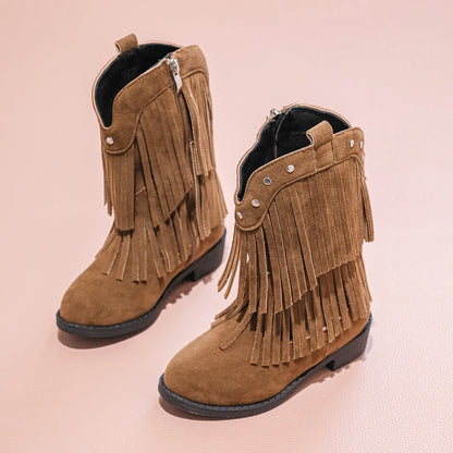 Girls' Suede-Look Fringe Studded Side-Zip Mid-Calf Pointed Toe Cowgirl Boots - CB076