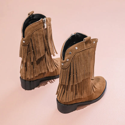 Girls' Suede-Look Fringe Studded Side-Zip Mid-Calf Pointed Toe Cowgirl Boots - CB076