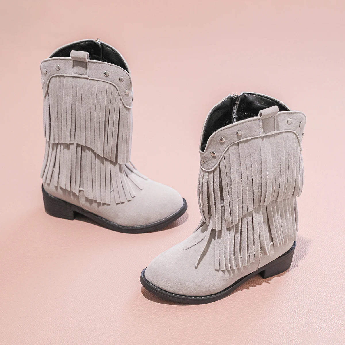Girls' Suede-Look Fringe Studded Side-Zip Mid-Calf Pointed Toe Cowgirl Boots - CB076