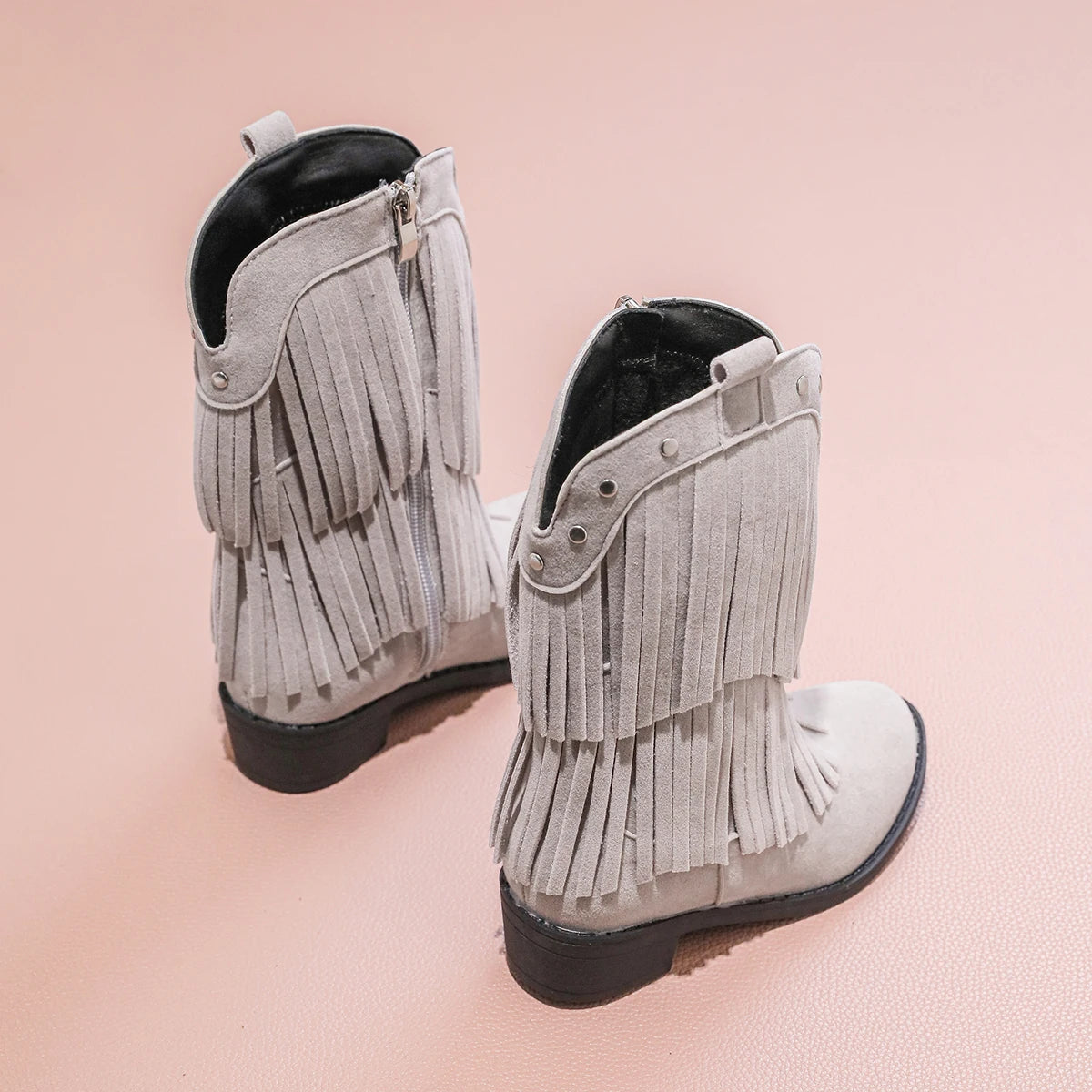 Girls' Suede-Look Fringe Studded Side-Zip Mid-Calf Pointed Toe Cowgirl Boots - CB076
