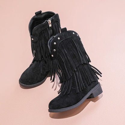 Girls' Suede-Look Fringe Studded Side-Zip Mid-Calf Pointed Toe Cowgirl Boots - CB076
