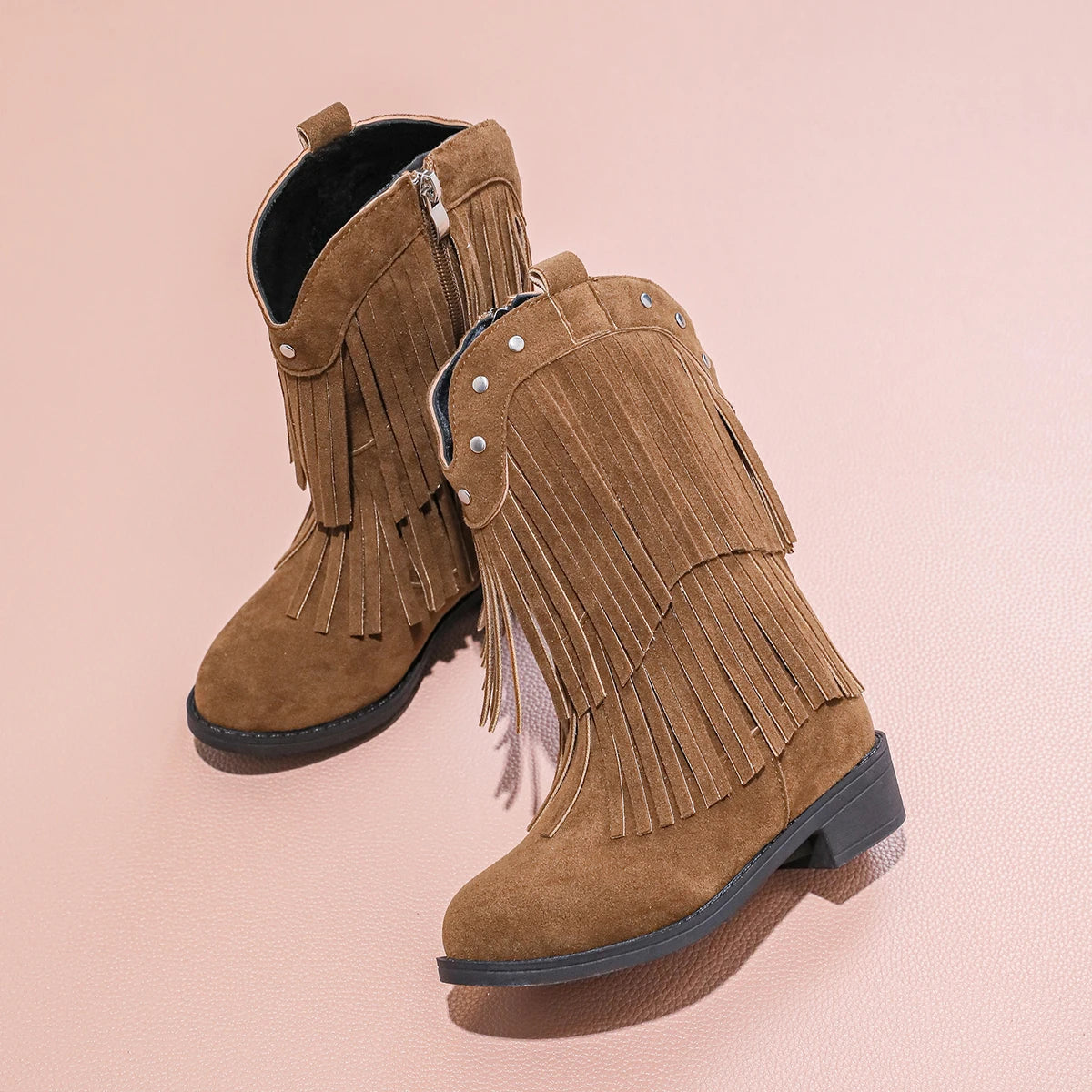 Girls' Suede-Look Fringe Studded Side-Zip Mid-Calf Pointed Toe Cowgirl Boots - CB076