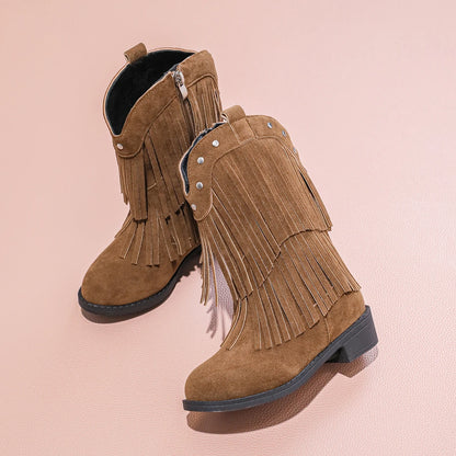 Girls' Suede-Look Fringe Studded Side-Zip Mid-Calf Pointed Toe Cowgirl Boots - CB076