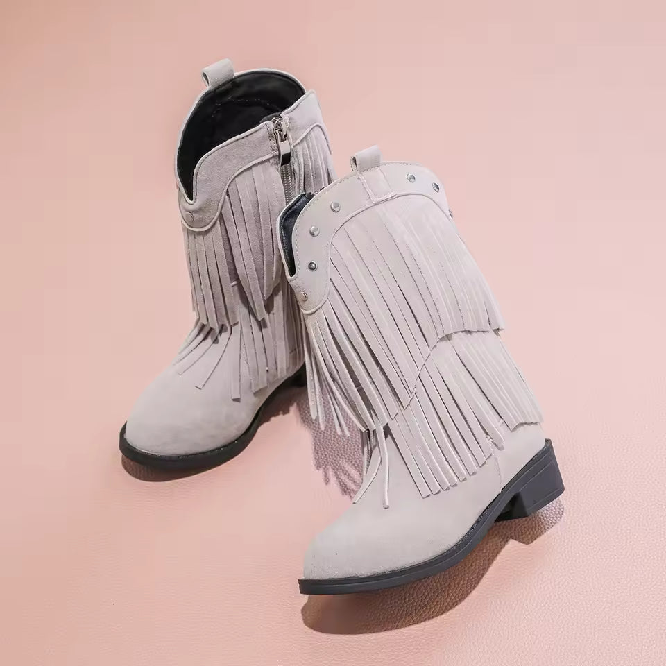 Girls' Suede-Look Fringe Studded Side-Zip Mid-Calf Pointed Toe Cowgirl Boots - CB076