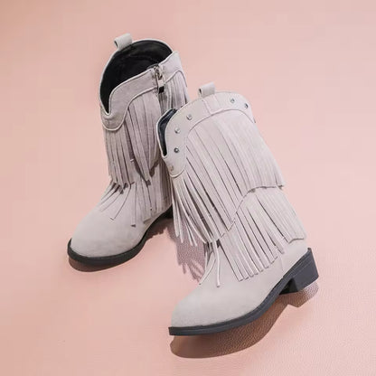 Girls' Suede-Look Fringe Studded Side-Zip Mid-Calf Pointed Toe Cowgirl Boots - CB076