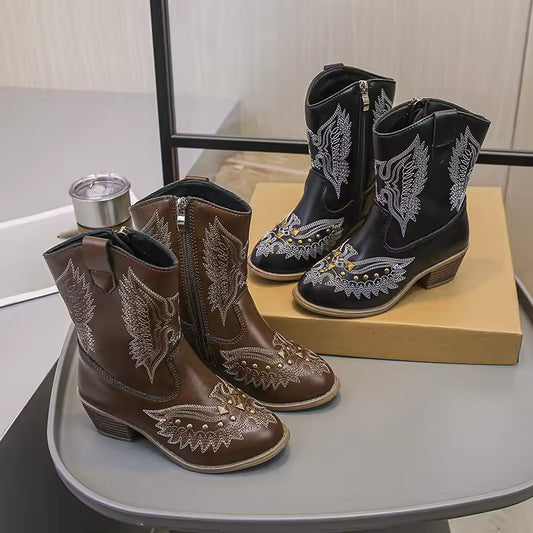 Children's Fashion Boots Kids Western Cowboy Boots Embroidered Anti Slip Leather Ankle Boot with Studs Shoes for Kids Girls - CB073