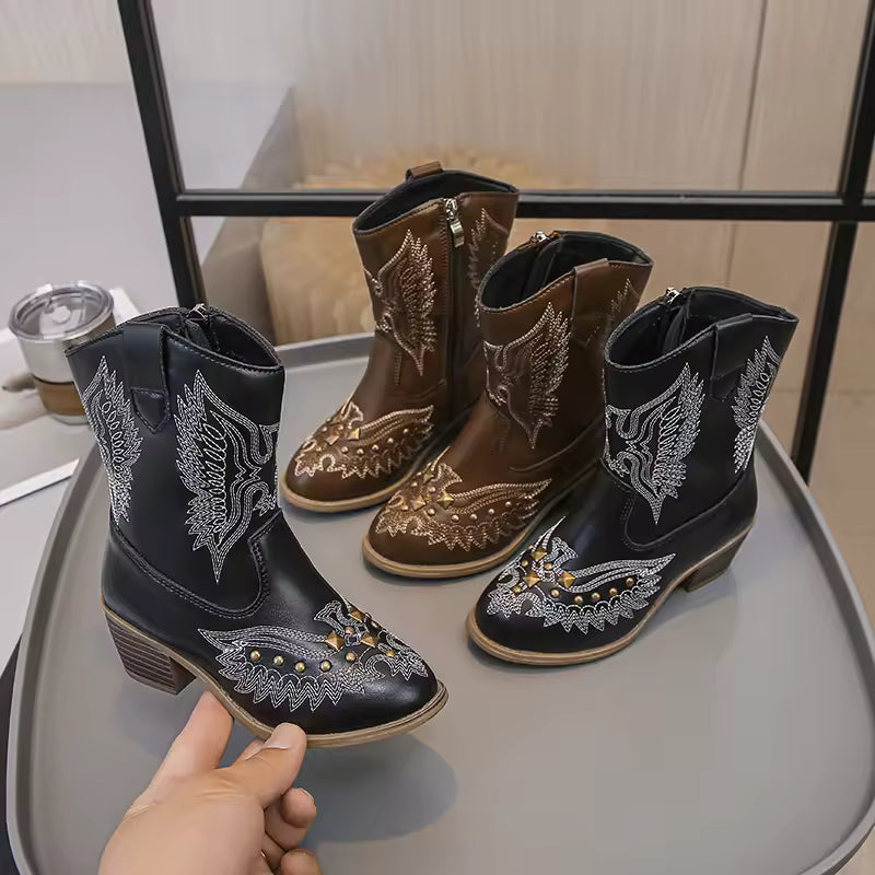 Girls' PU Leather Western Embroidered Studded Knee-High Round Toe Cowgirl Boots - CB073