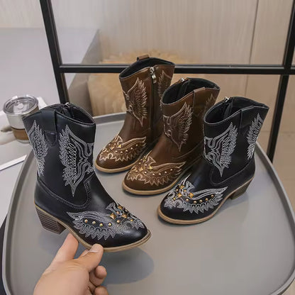 Girls' PU Leather Western Embroidered Studded Knee-High Round Toe Cowgirl Boots - CB073