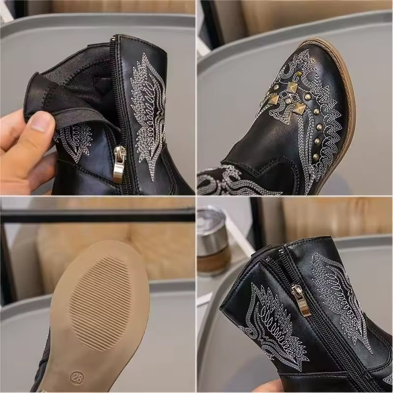 Girls' PU Leather Western Embroidered Studded Knee-High Round Toe Cowgirl Boots - CB073