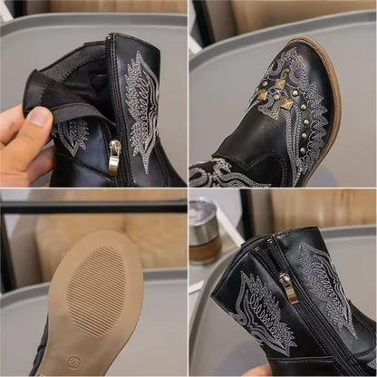 Girls' PU Leather Western Embroidered Studded Knee-High Round Toe Cowgirl Boots - CB073