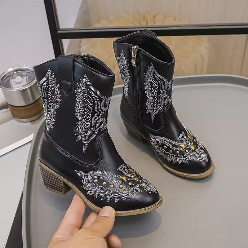 Girls' PU Leather Western Embroidered Studded Knee-High Round Toe Cowgirl Boots - CB073