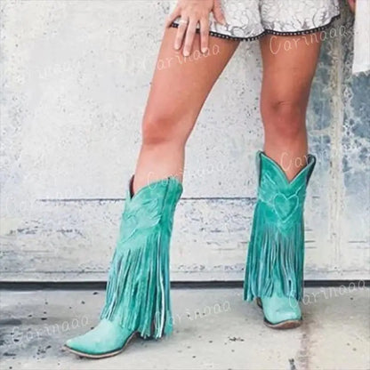 Women's PU Leather Tassel Western Pointed Toe Block Heel Cowgirl Boots - CB032