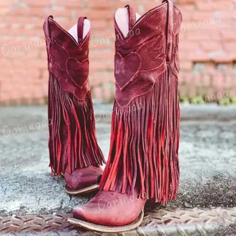Women's PU Leather Tassel Western Pointed Toe Block Heel Cowgirl Boots - CB032