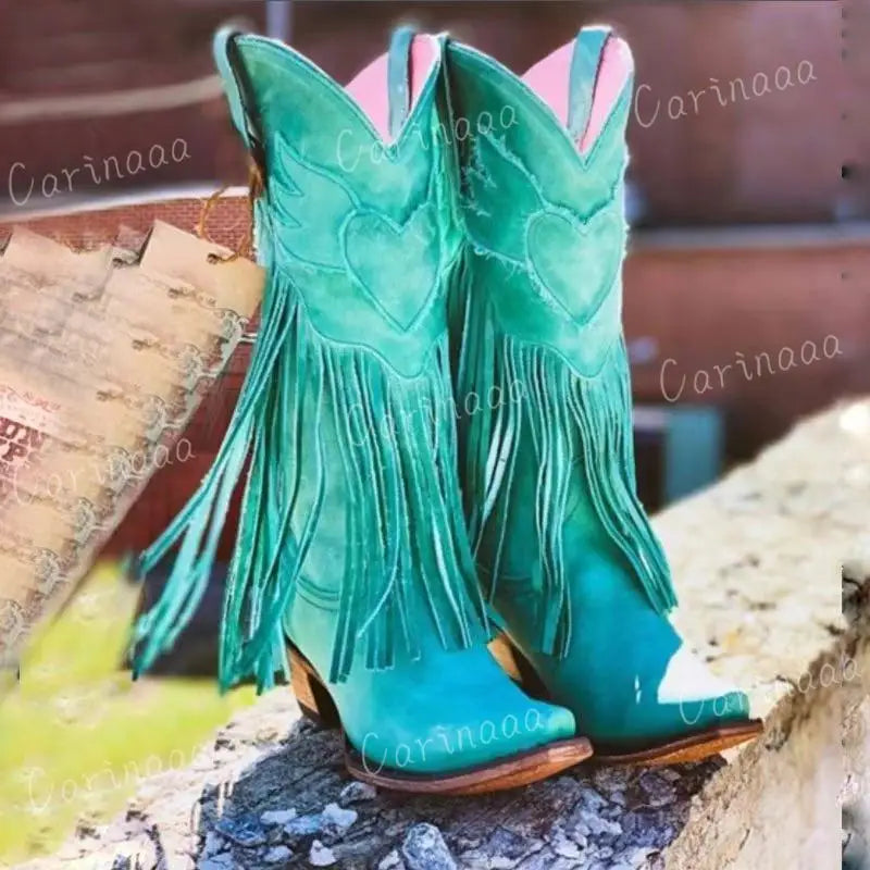 Women's PU Leather Tassel Western Pointed Toe Block Heel Cowgirl Boots - CB032