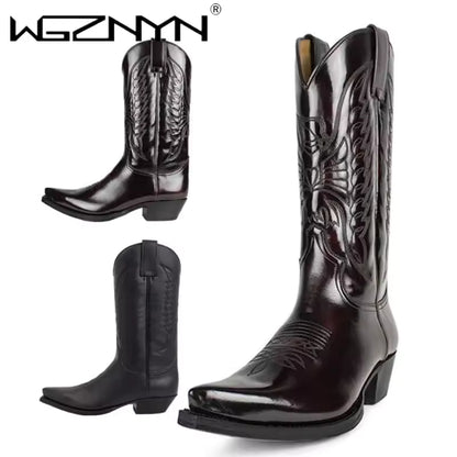 Unisex PU Leather Mid-Calf Pointed Toe Western Cowboy Boots - CB048