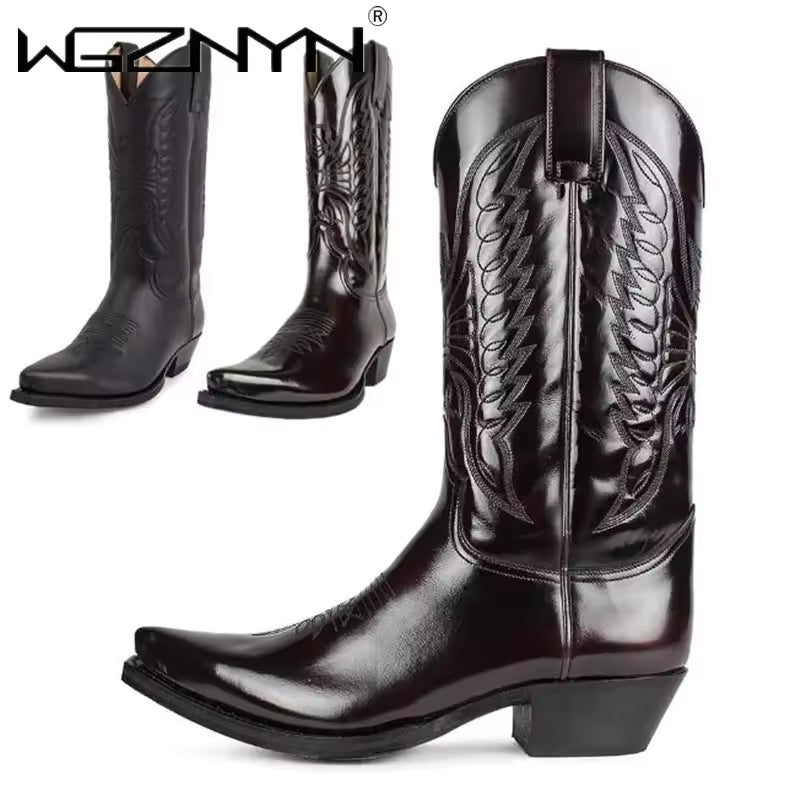 Unisex PU Leather Mid-Calf Pointed Toe Western Cowboy Boots - CB048