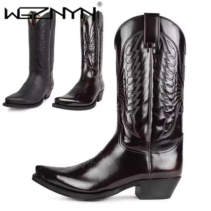 Unisex PU Leather Mid-Calf Pointed Toe Western Cowboy Boots - CB048