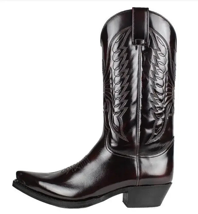 Unisex PU Leather Mid-Calf Pointed Toe Western Cowboy Boots - CB048
