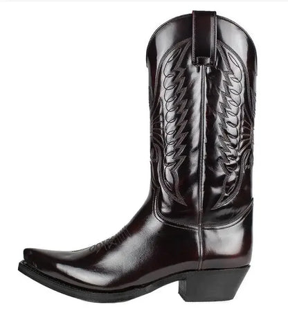 Unisex PU Leather Mid-Calf Pointed Toe Western Cowboy Boots - CB048