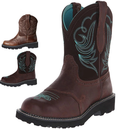 Unisex PU Leather Western Embroidered Mid-Calf Round Toe Low Heel Western Cowboy Boots - CB038