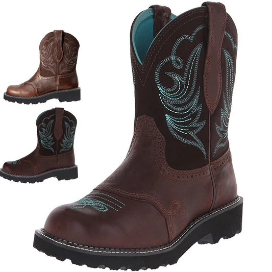 Unisex PU Leather Western Embroidered Mid-Calf Round Toe Low Heel Western Cowboy Boots - CB038
