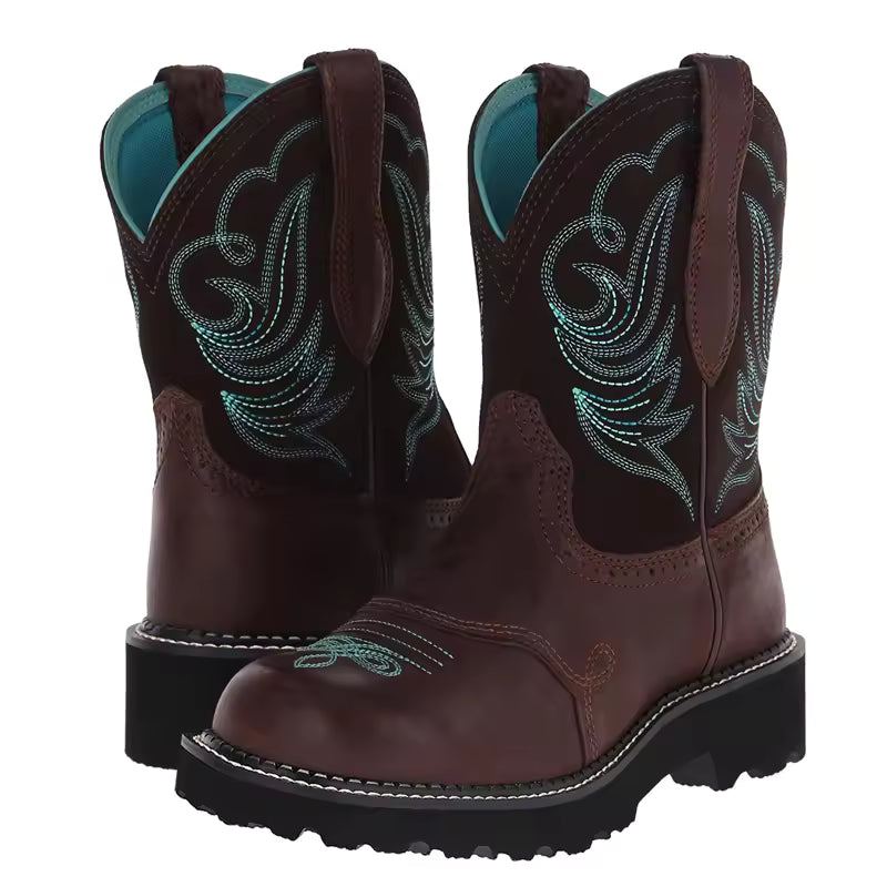 Unisex PU Leather Western Embroidered Mid-Calf Round Toe Low Heel Western Cowboy Boots - CB038