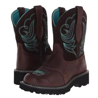 Unisex PU Leather Western Embroidered Mid-Calf Round Toe Low Heel Western Cowboy Boots - CB038
