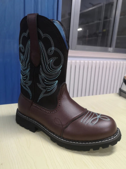 Unisex PU Leather Western Embroidered Mid-Calf Round Toe Low Heel Western Cowboy Boots - CB038
