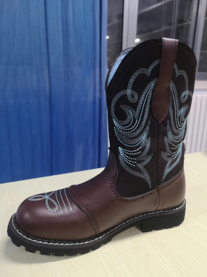 Unisex PU Leather Western Embroidered Mid-Calf Round Toe Low Heel Western Cowboy Boots - CB038