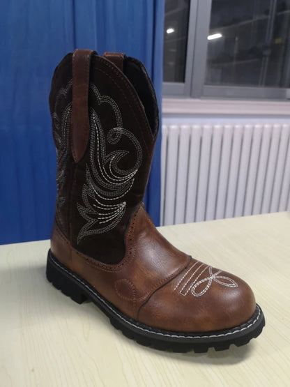 Unisex PU Leather Western Embroidered Mid-Calf Round Toe Low Heel Western Cowboy Boots - CB038