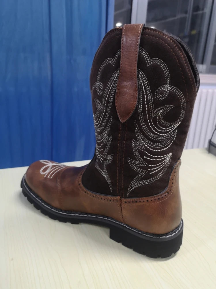 Unisex PU Leather Western Embroidered Mid-Calf Round Toe Low Heel Western Cowboy Boots - CB038