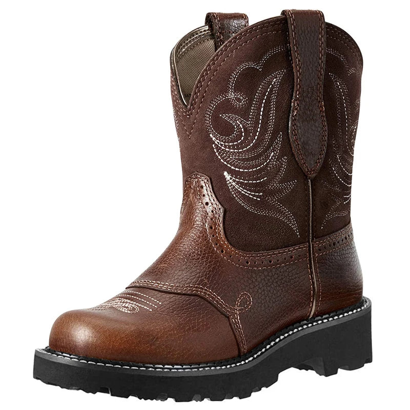 Unisex PU Leather Western Embroidered Mid-Calf Round Toe Low Heel Western Cowboy Boots - CB038